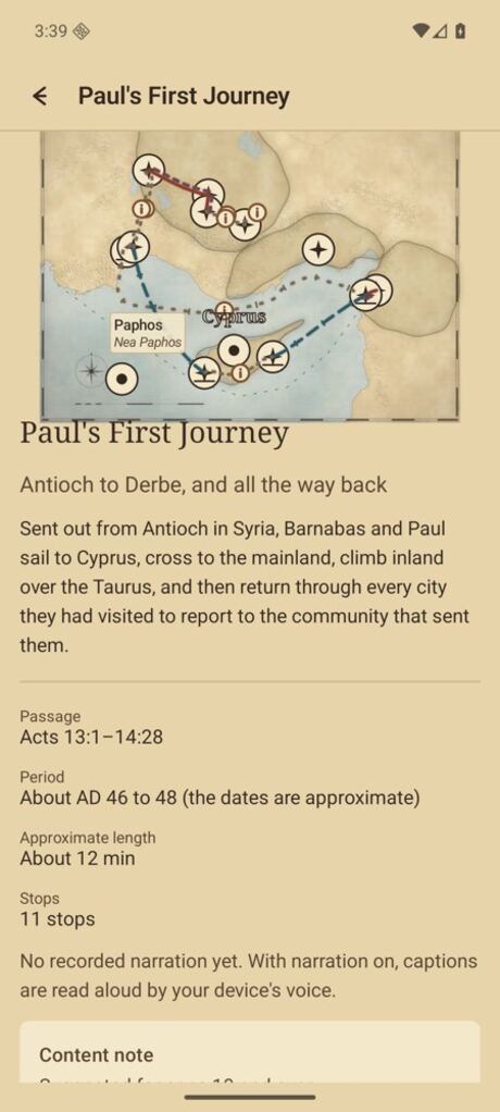La page de détails du Premier voyage de Paul sur Android : passage, période, durée et note sur le contenu. (interface en anglais)