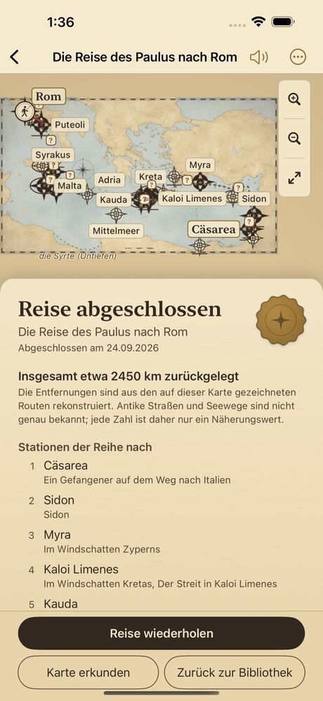 Die Übersicht am Ende der Reise des Paulus nach Rom: etwa 2450 km zurückgelegt, mit den Stationen der Reihe nach.