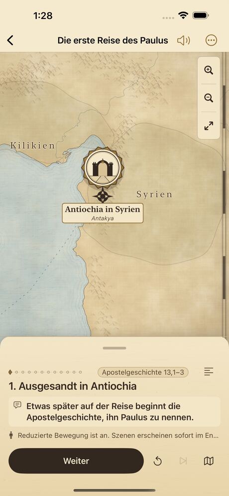 ScrollCompass auf dem iPhone: die letzte Szene der ersten Reise des Paulus, „Heim nach Antiochia“, mit der ganzen Route auf der Karte.