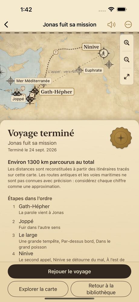 Le récapitulatif du voyage Jonas fuit sa mission, avec la distance parcourue et les étapes dans l’ordre.
