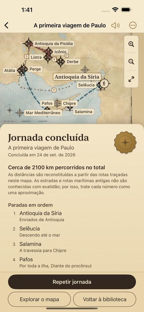 ScrollCompass no iPhone: o resumo de A primeira viagem de Paulo, com cerca de 2100 km percorridos e as paradas em ordem.