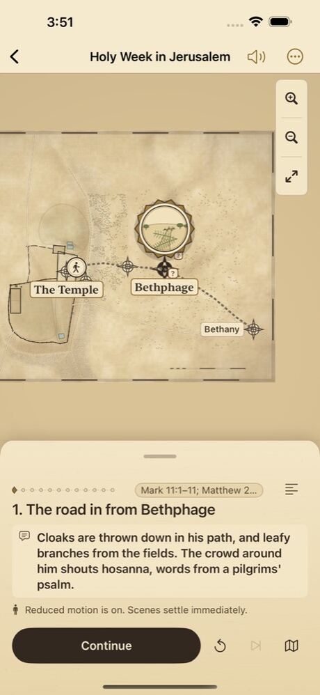 La Semaine sainte à Jérusalem sur iPhone : le chemin depuis Bethphagé tracé sur un plan de la ville, avec le sous-titre de la scène 1. (interface en anglais)