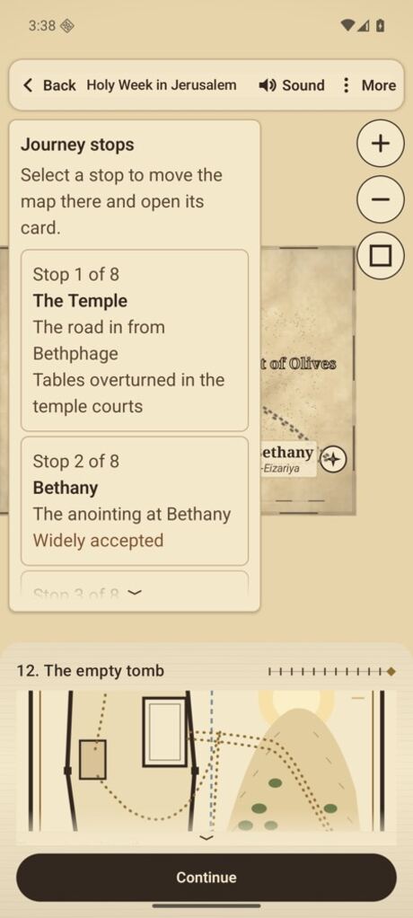 ScrollCompass sur Android : la liste des étapes de la Semaine sainte, qui commence par le Temple et Béthanie. (interface en anglais)