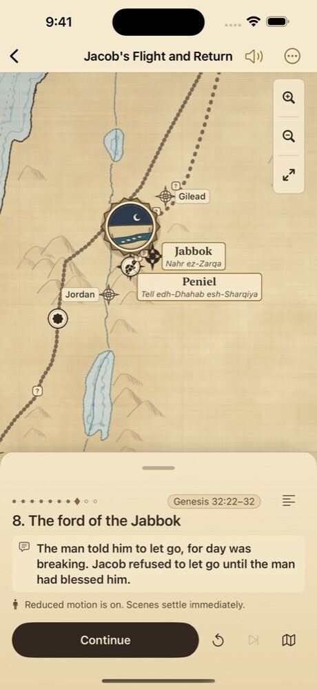 Jacob : la fuite et le retour sur iPhone : le gué du Jabbok, avec des itinéraires en pointillé et le nom moderne du site sous Peniel. (interface en anglais)